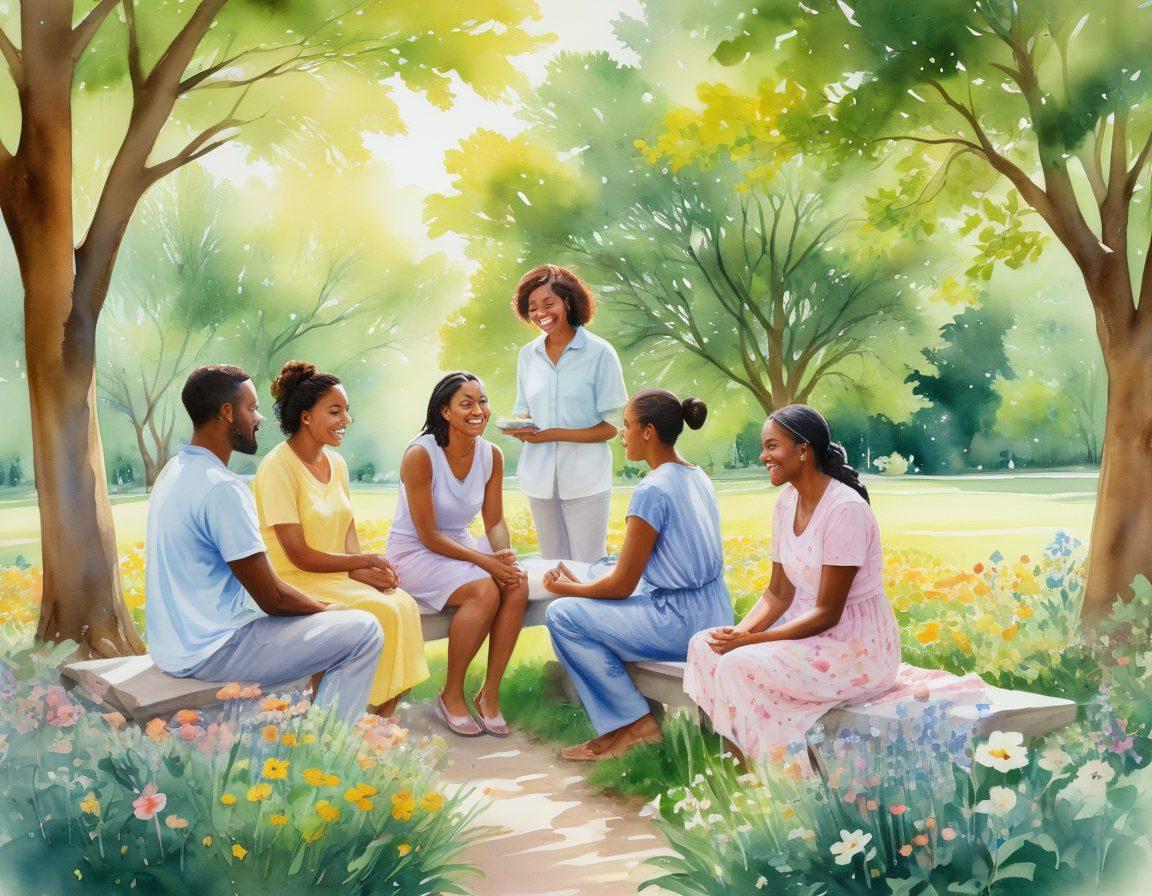 A beautifully illustrated scene depicting diverse people gathering in a serene park, engaging in supportive activities such as sharing stories, laughter, and compassion. Soft sunlight filters through the trees, symbolizing hope and healing, with flowers blooming around them representing growth and unity. The expressions on their faces are warm and comforting, showcasing the essence of collective care. Gentle pastel colors enhance the emotional depth and tranquility of the scene. watercolor painting. soft pastel colors. uplifting atmosphere.