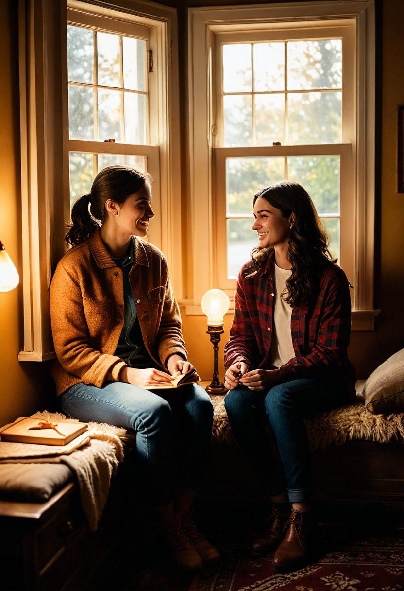 A cozy scene in a dimly lit room where two friends sit together, sharing stories and laughter, surrounded by soft, warm light that breaks through shadows. Include a window showing a glimpse of a bright sunny day outside, contrasting with the gloomy ambiance inside. The room is filled with personal items that symbolize friendship, like photographs and mementos. Emphasize emotions of warmth, hope, and camaraderie. super-realistic. warm colors. soft lighting.
